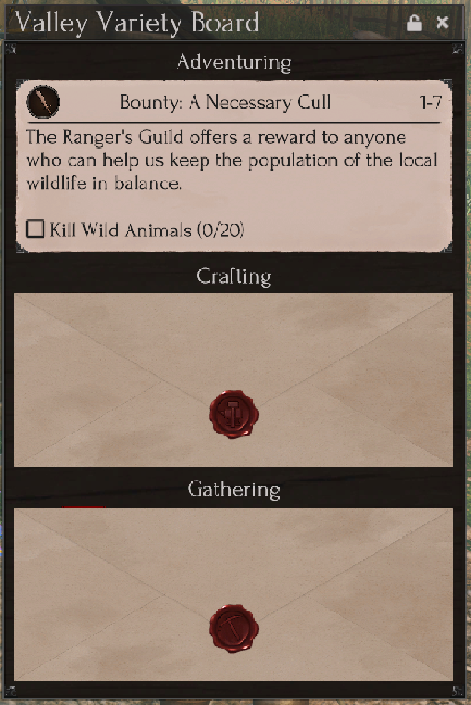 A screenshot of a horizontally narrow window showing three cards, the first of which is revealed and shows details about a simple task. The other two are envelopes with wax seals.