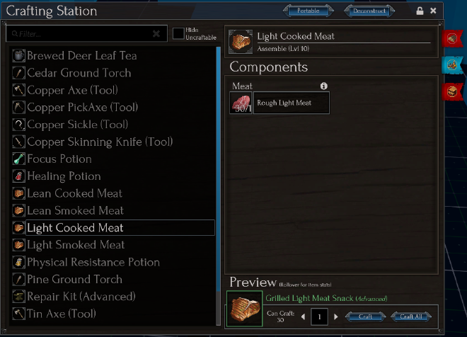 A screenshot of the in-game crafting window used in this system. Left side is a recipe list with a "Light Cooked Meat" recipe selected, right side shows a detail pane containing the name and level of the recipe, a components selection area, an item preview, and buttons to activate the crafting process.
