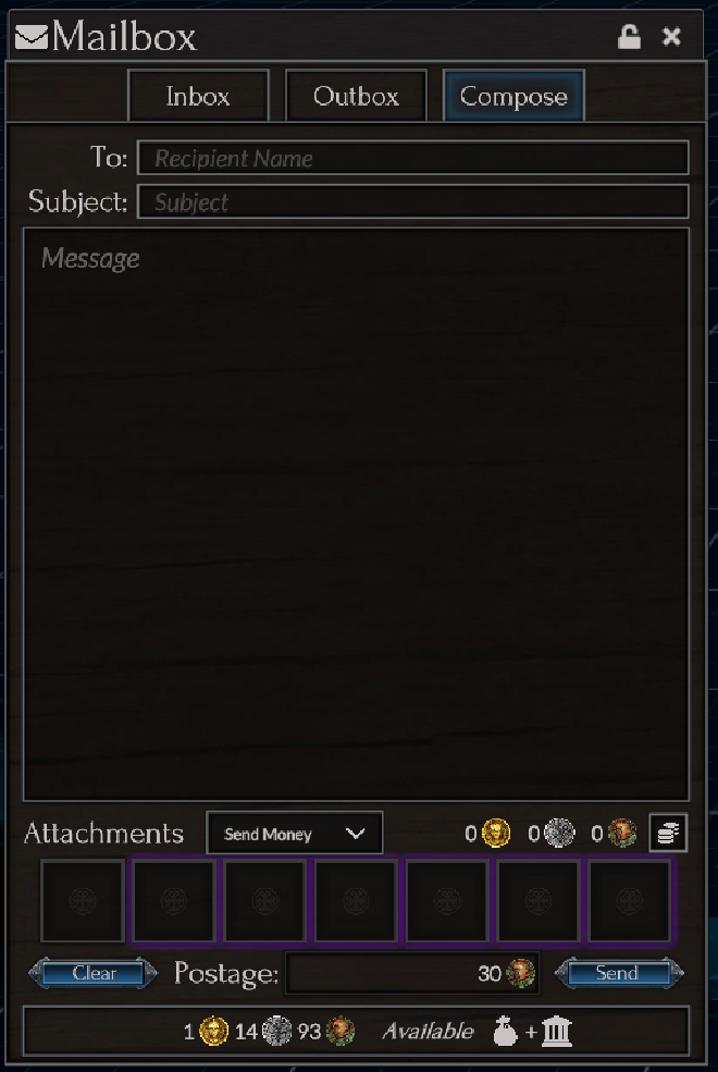 A screenshot of the in-game mailbox. The window provides typical fields for entering mail message data: a recipient name, a subject line, and a message. This is followed by an attachments section into which players can drag items and with which they can set a monetary amount to either send or demand as Cash On Delivery. At the bottom is a postage cost, their available funds, and Clear and Send buttons.