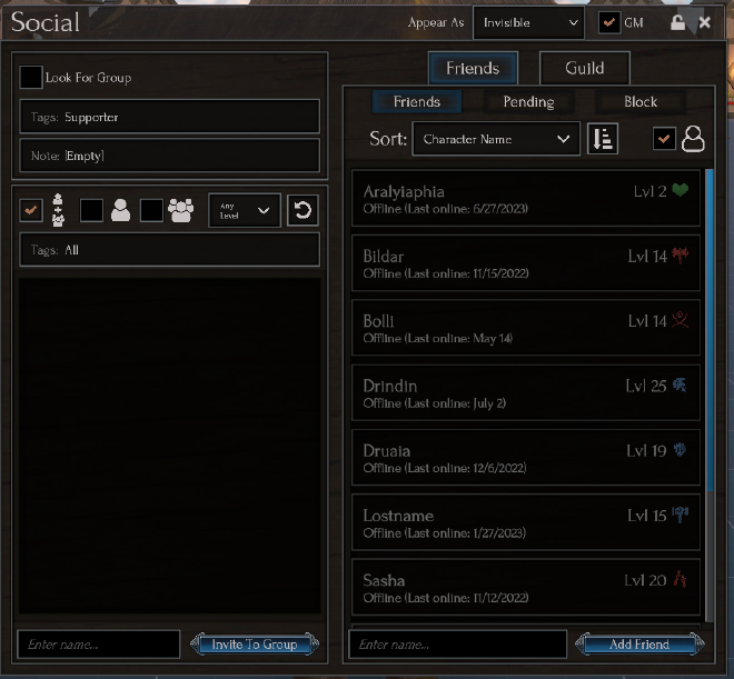 A screenshot of the in-game social window as described above. The friends tab is selected and is showing a list of offline friends.