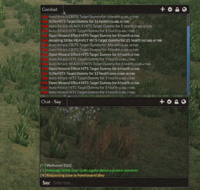 An animated gif of the in-game chat windowing system demonstrating how chat tabs can be dragged out into their own windows or recombined into a single window.