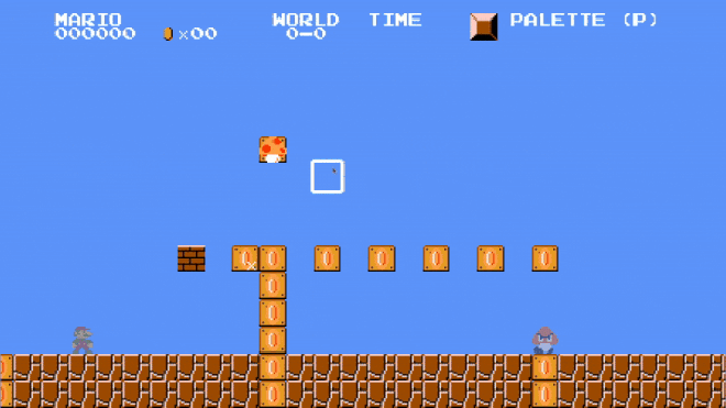 A capture of this mario game in editor mode with the tile palette open. The tile palette contains many of the blocks used in constructing SMB1 levels and in a separate section it contains a selection of enemies that can be placed. Behind the UI is a test level containing a few different types of blocks, a spawner for Mario and a spawner for a goomba. The animation shows the user selecting a block in the palette and placing it multiple times to create a wall.